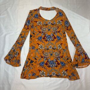 Xhilaration Women Small Orange Floral Above the Knee Bell Sleeve Dress